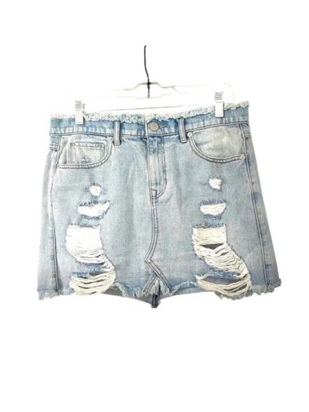 Express Straight Mini Mid Rise Distressed Light Wash Jean Denim Skirt Size 8 - Picture 2 of 14